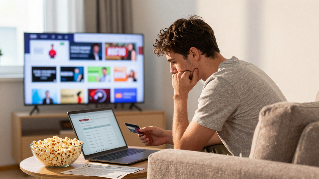 Homem sentado no sofá com computador, cartão de crédito e taça de pipocas, a fazer compras online em casa.