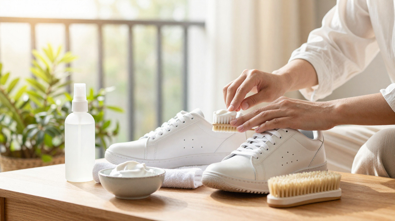 Pessoa a limpar ténis brancos com escova e creme, numa mesa com produtos de limpeza.