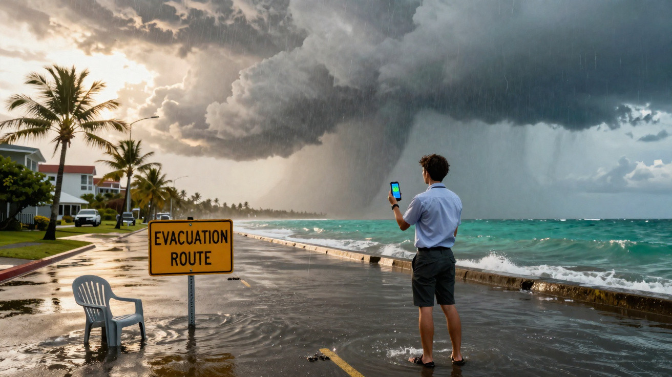 Homem de pé na via alagada junto ao mar observa um sinal de rota de evacuação sob nuvens de tempestade.