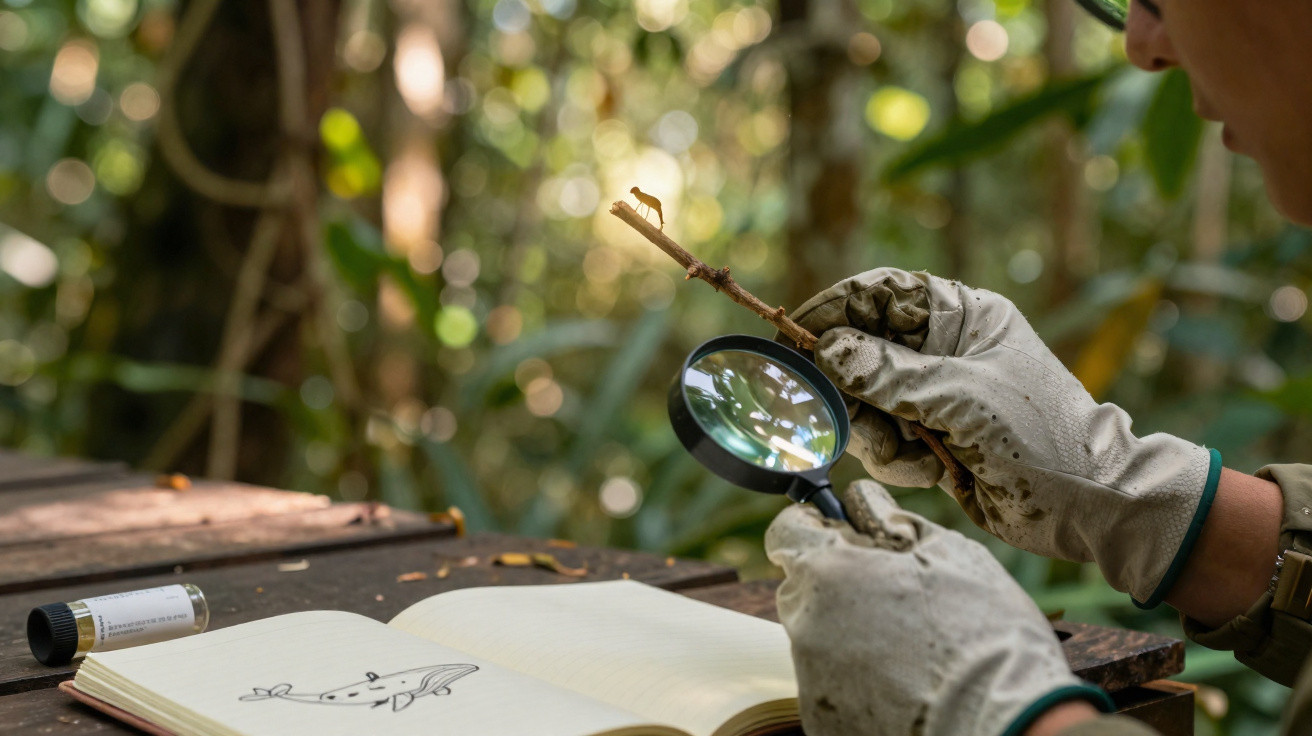 Pessoa com luvas observa um raminho com lupa, caderno aberto com desenho de planta numa mesa em ambiente natural.