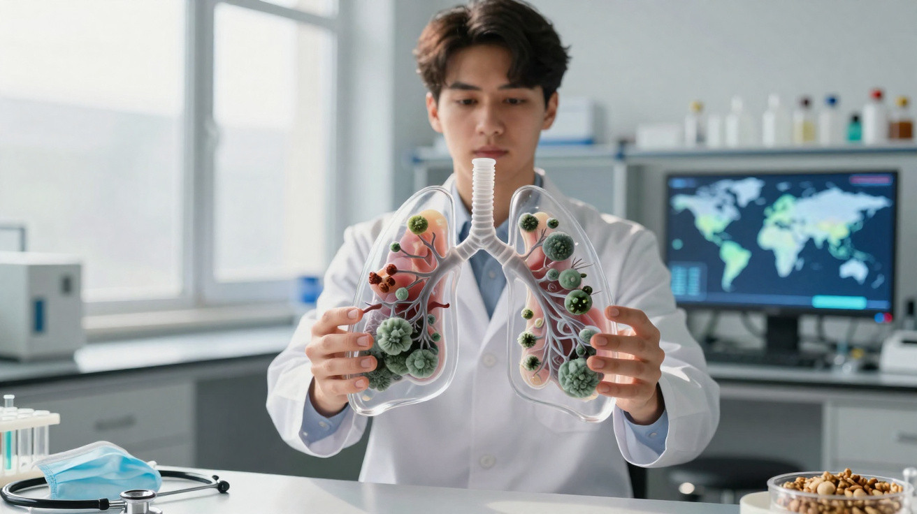 Cientista analisa modelo de pulmões com vírus e bactérias em laboratório moderno.