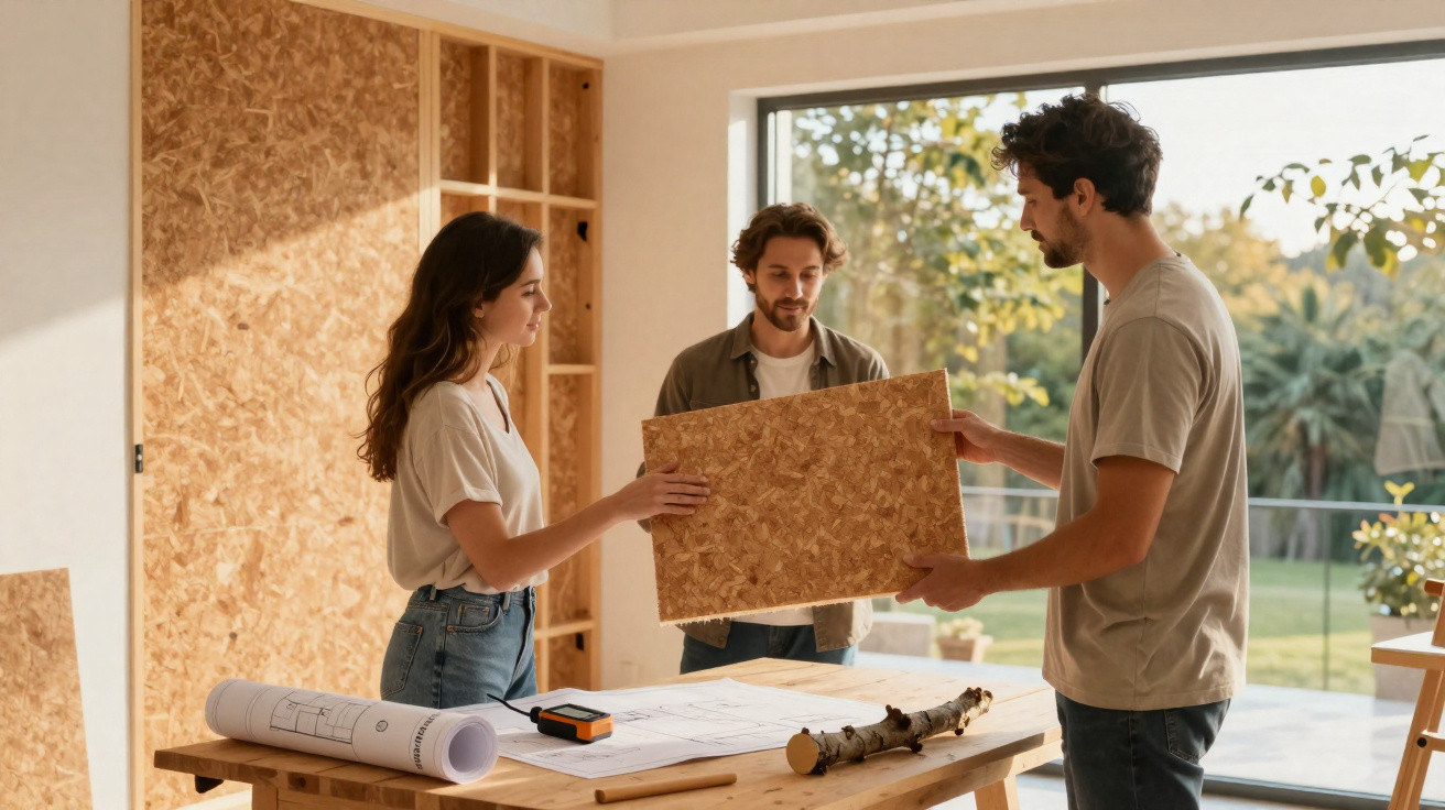 Três pessoas em reunião, segurando uma placa de madeira numa sala com projeto e ferramentas sobre a mesa.