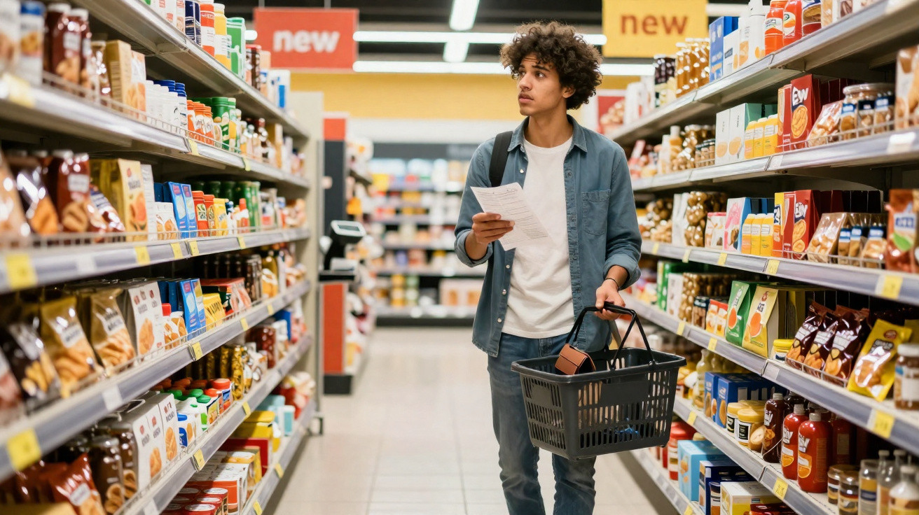 Jovem a fazer compras com lista e cesto num corredor de supermercado cheio de produtos variados.