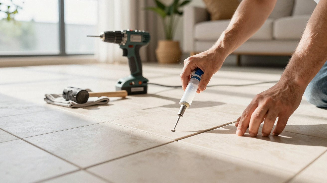 Mãos a aplicar massa de rejunte entre azulejos de chão numa sala com ferramentas ao fundo.