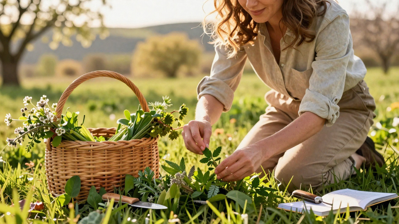 Mulher recolhe ervas aromáticas num campo verde, com cesta ao lado e caderno aberto no chão.