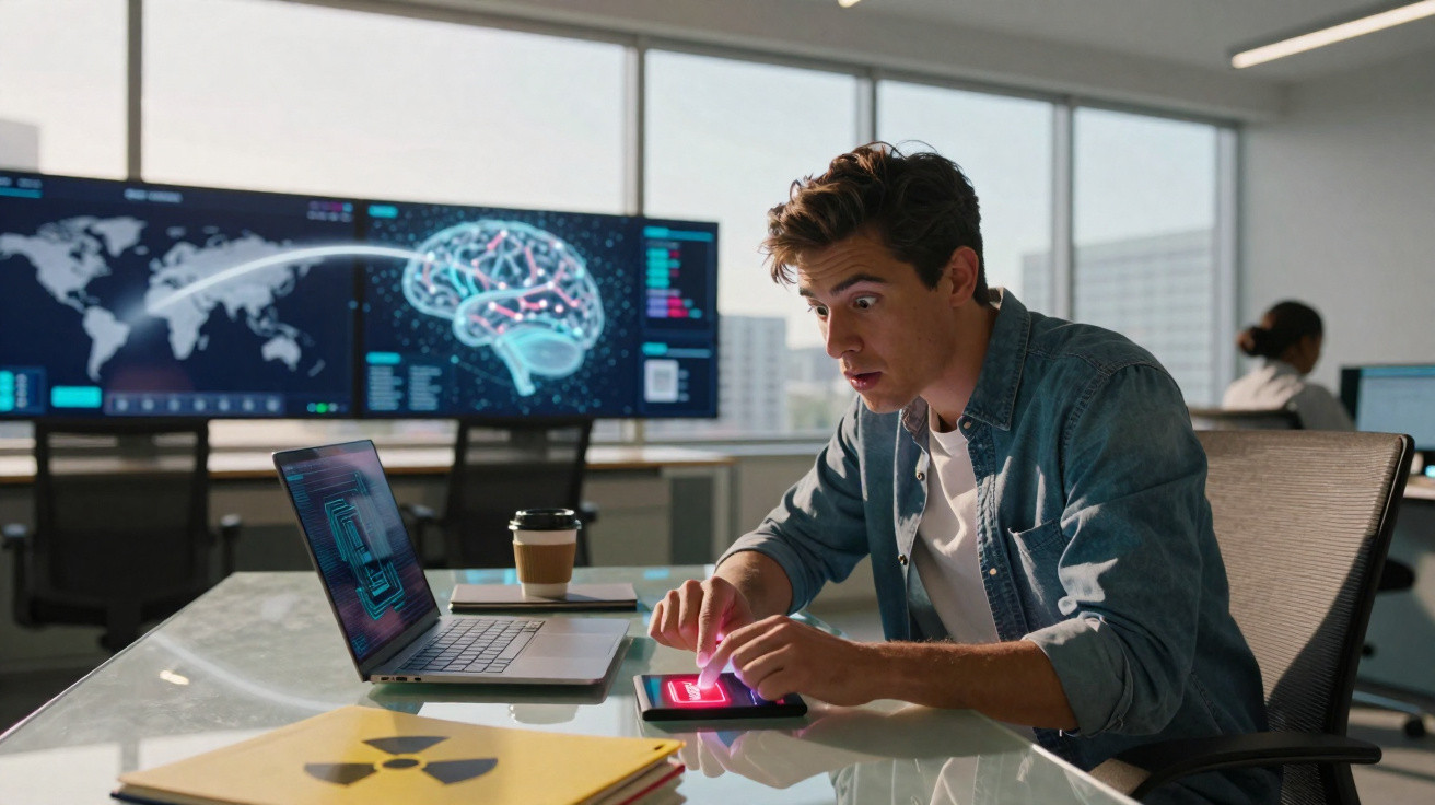 Homem jovem usa smartphone e portátil num escritório com gráficos digitais e mapa mundial ao fundo.