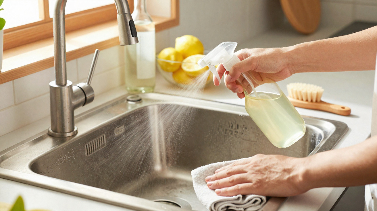 Pessoa a limpar a pia da cozinha com pano e spray de limpeza junto a uma janela com luz natural.