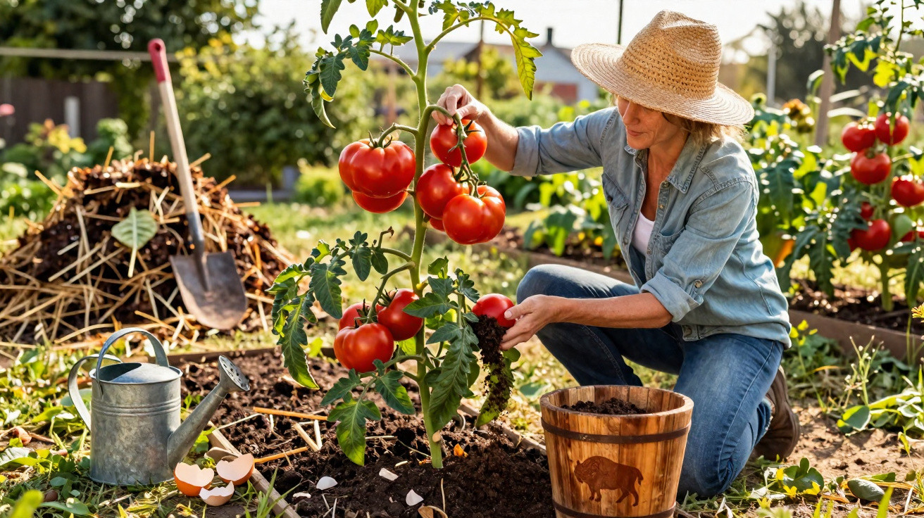 Mulher com chapéu de palha colhe tomates maduros numa horta ao ar livre em dia soalheiro.