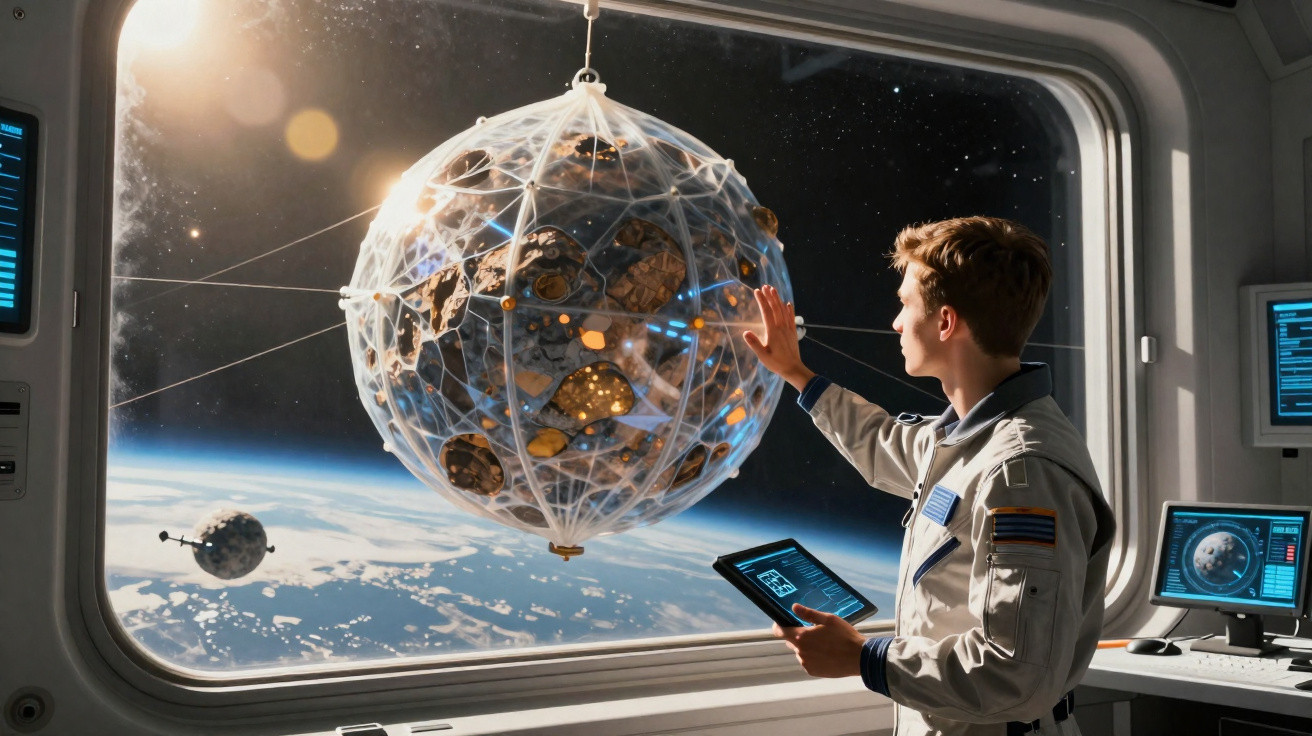 Astronauta jovem observa e interage com esfera tecnológica flutuante no espaço à frente de janela de estação espacial.