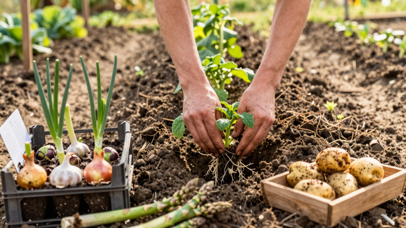 Mãos a plantar uma muda de batata numa horta com cebolas, espargos e batatas à volta.