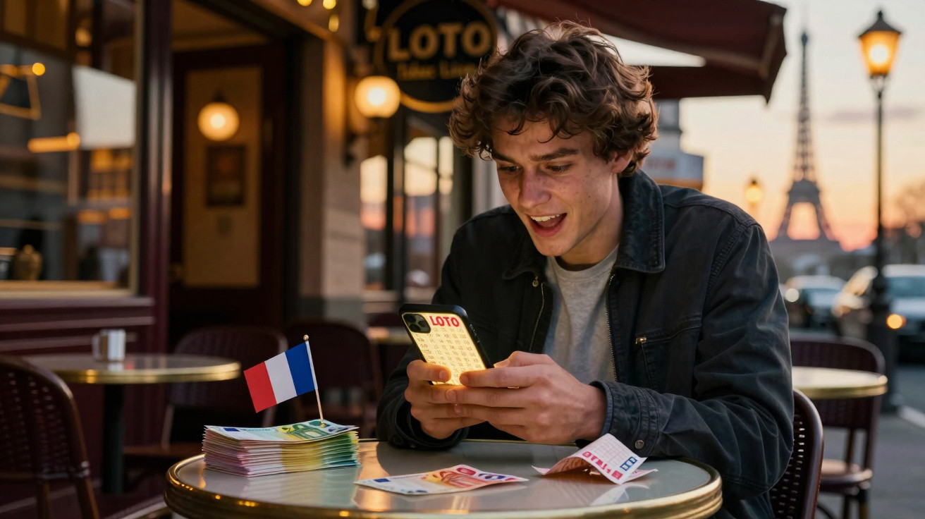 Homem jovem sentado numa esplanada em Paris a verificar resultados do jogo Loto no telemóvel ao final da tarde.