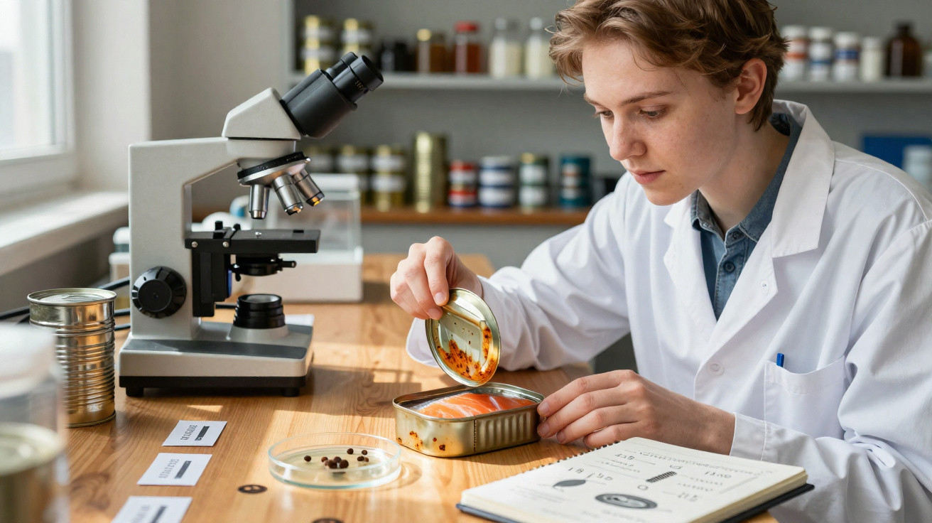 Cientista a analisar amostra de peixe em laboratório com microscópio e bloco de notas ao lado.