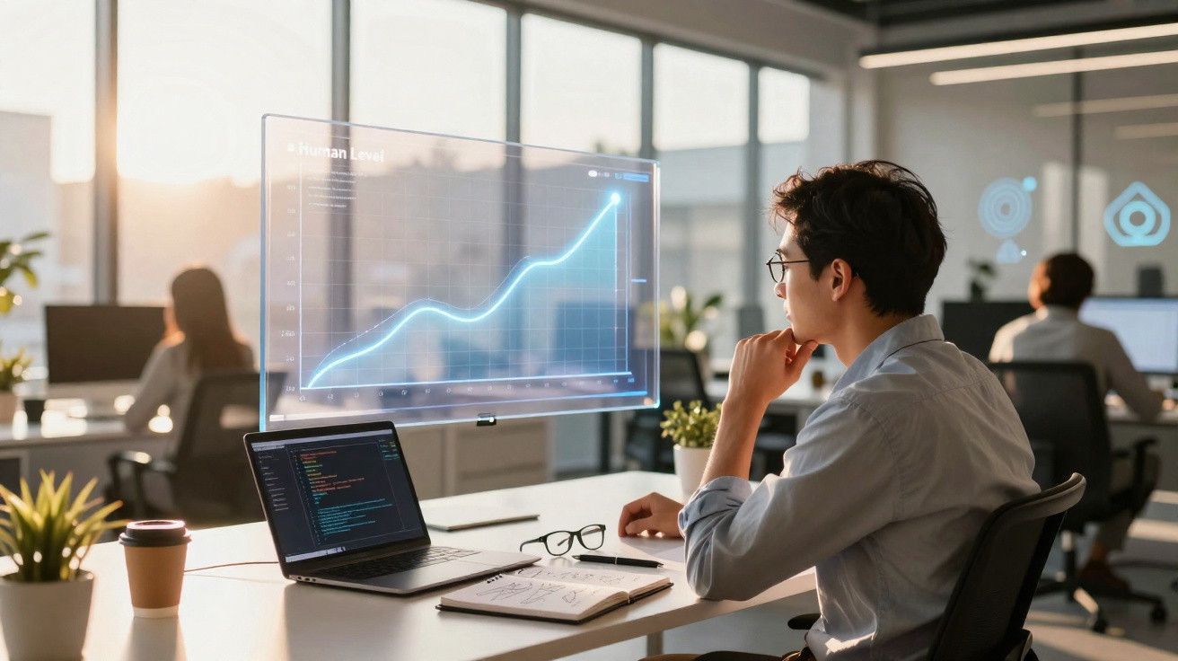 Homem asiático em escritório moderno analisa gráfico digital em computador portátil com gráficos e código.