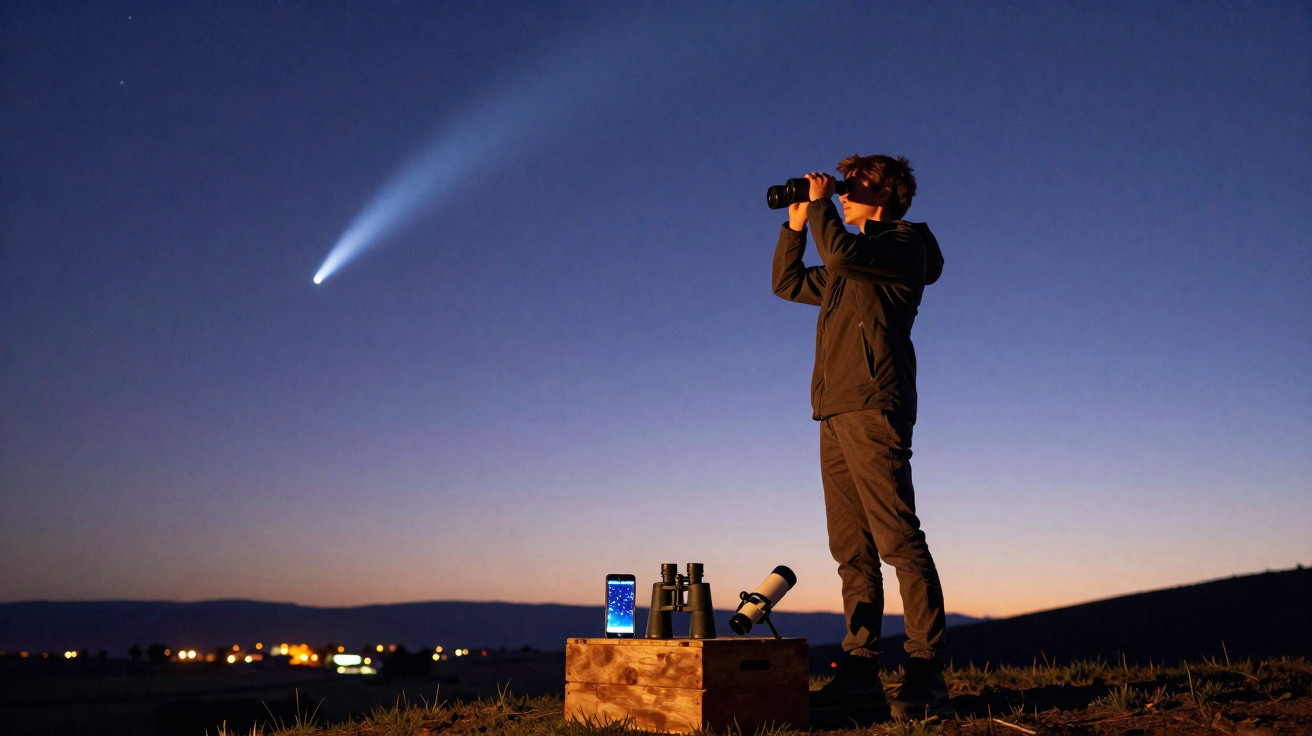 Pessoa a observar o céu com binóculos ao anoitecer, com cometa visível e equipamento astronómico numa caixa.