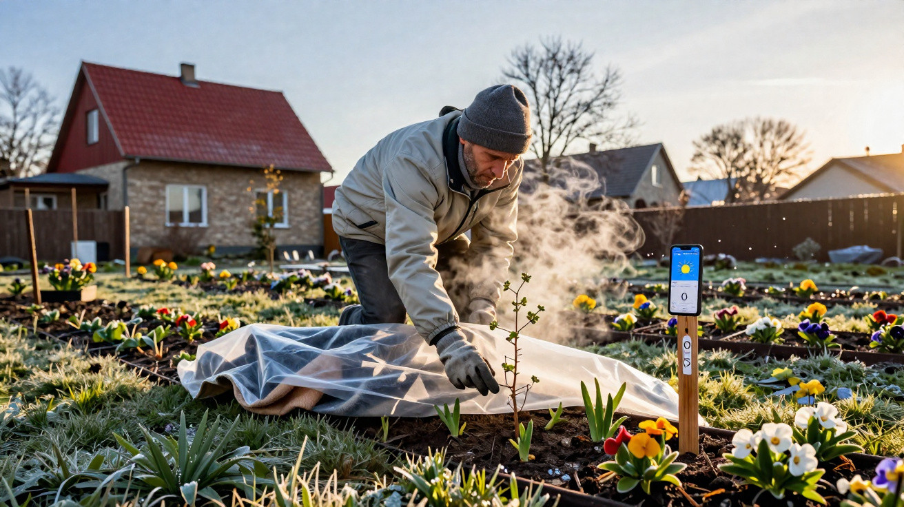 Homem a cuidar de plantas num jardim com flores e geada matinal ao amanhecer.
