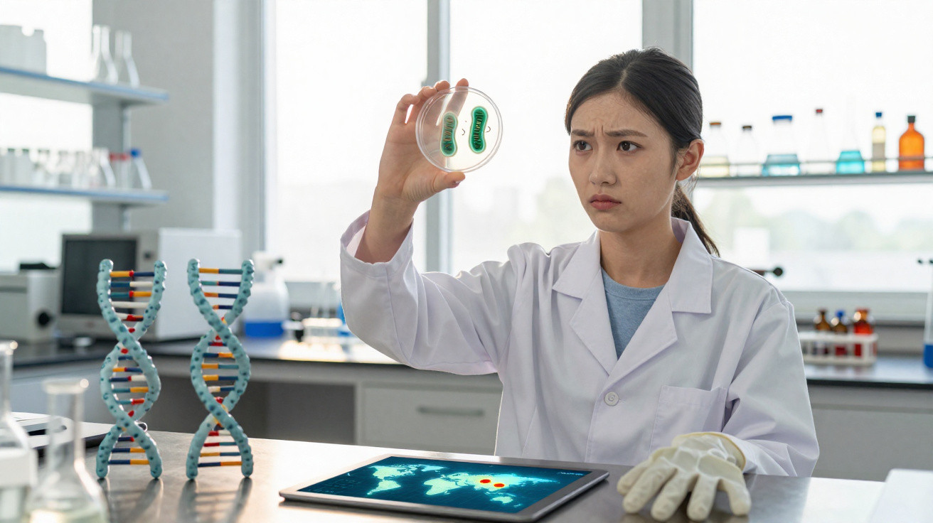 Cientista de laboratório examina placa de Petri com bactérias, rodeada por modelos de DNA e ecrã digital.