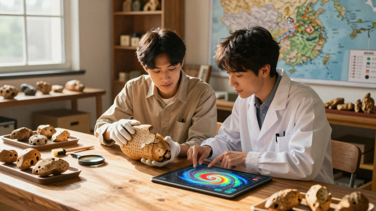 Dois jovens cientistas analisam um modelo antigo enquanto consultam dados numa tablet num laboratório.