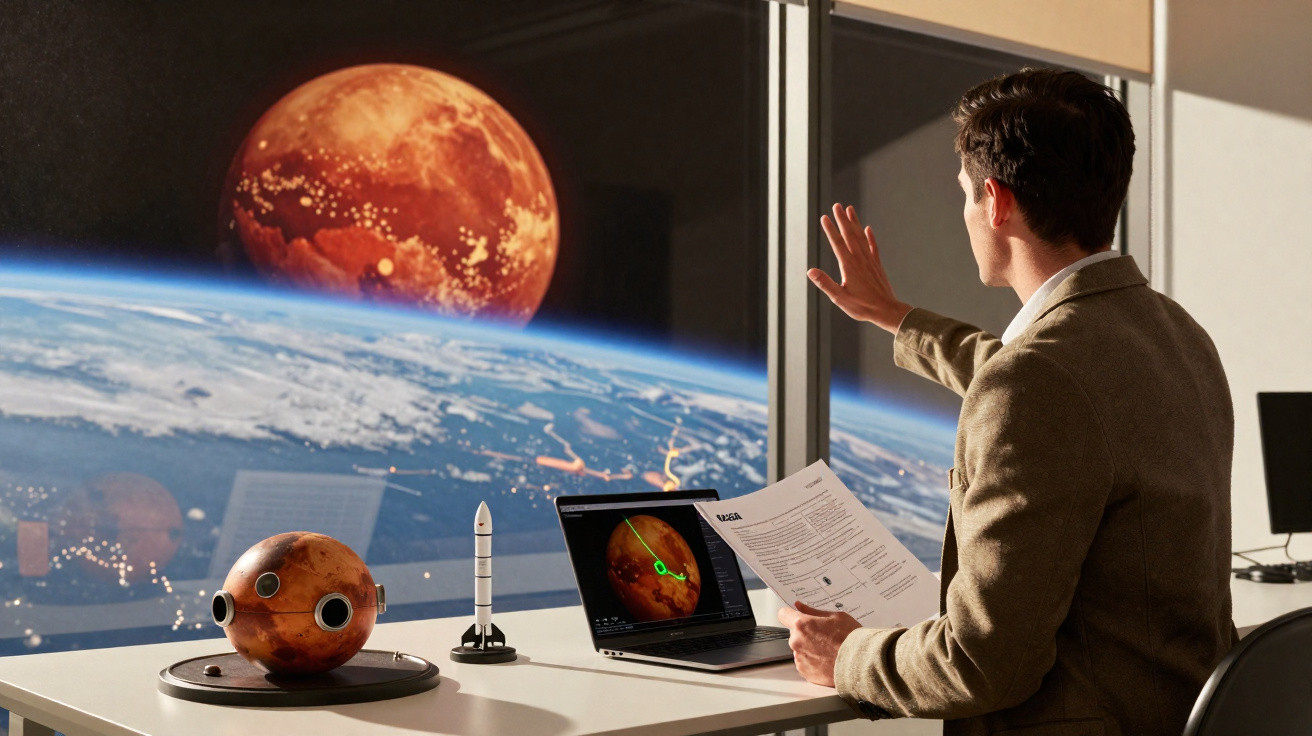 Homem sentado numa mesa com maqueta de planeta, laptop e documentos, olhando para Marte e Terra através da janela.