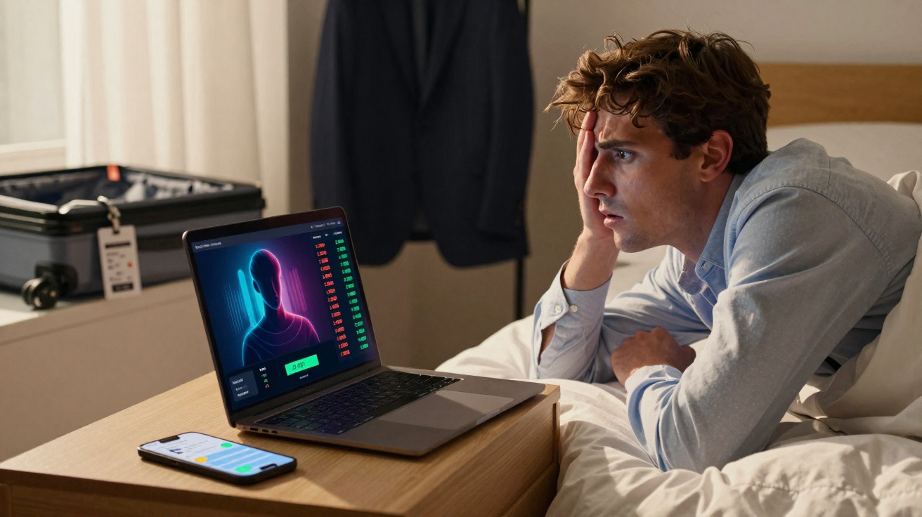 Homem preocupado na cama a olhar para o ecrã do portátil com gráficos e dados coloridos.