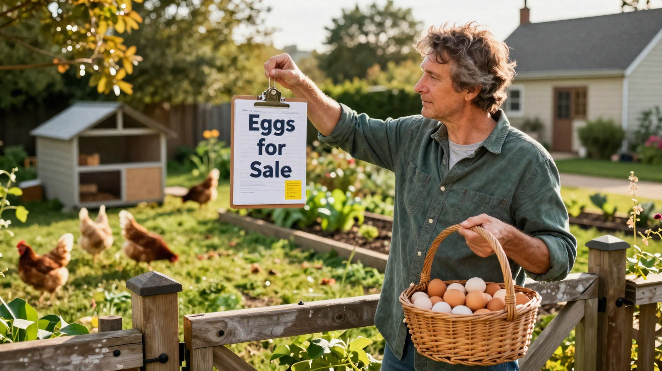 Homem segura placa "Eggs for Sale" e cesta com ovos no quintal com galinhas e horta ao fundo.