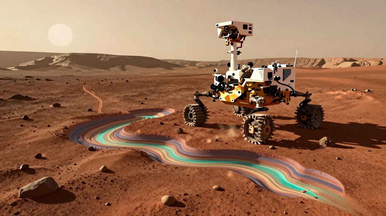 Rover explorando a superfície marciana com rasto colorido ondulante num terreno árido e rochoso.