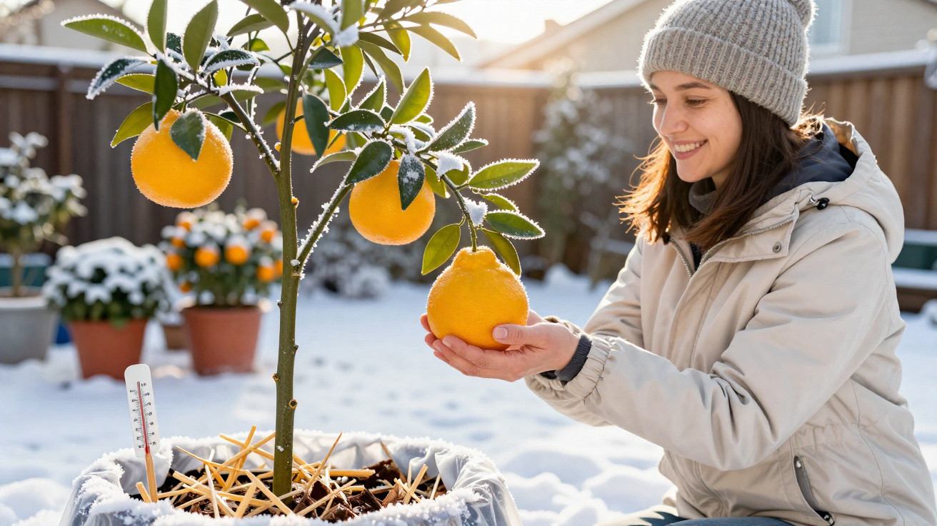 Mulher sorridente segura fruta de citrino com geada numa planta em vaso no jardim coberto de neve.