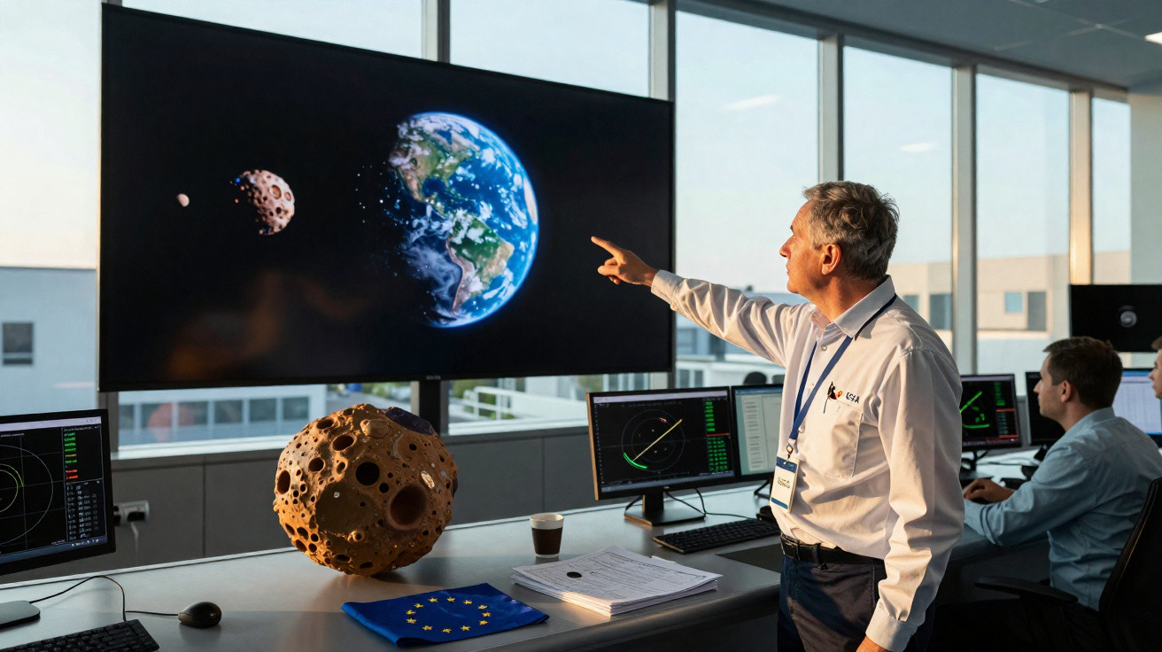 Homem aponta para ecrã gigante com imagem da Terra, asteroide e monitorização em centro de controlo.