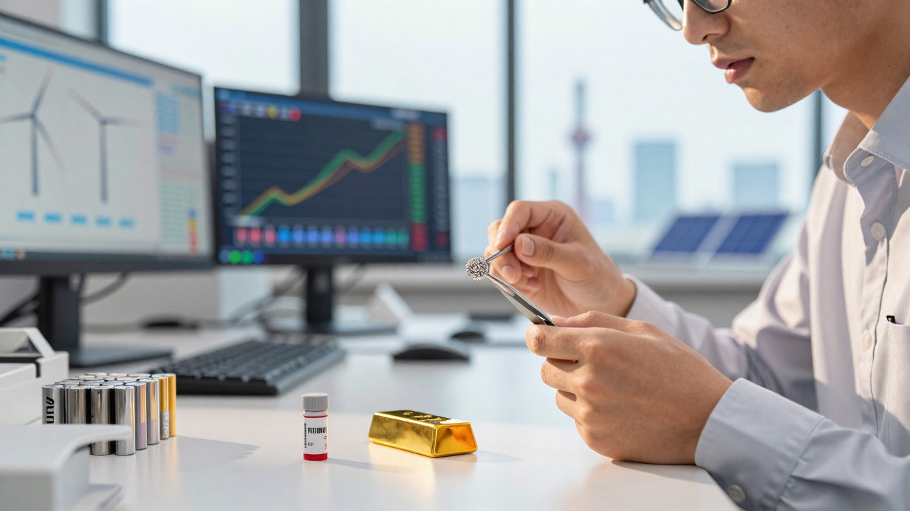 Pessoa a analisar um diamante com pinças num escritório com ecrãs de gráficos financeiros ao fundo.