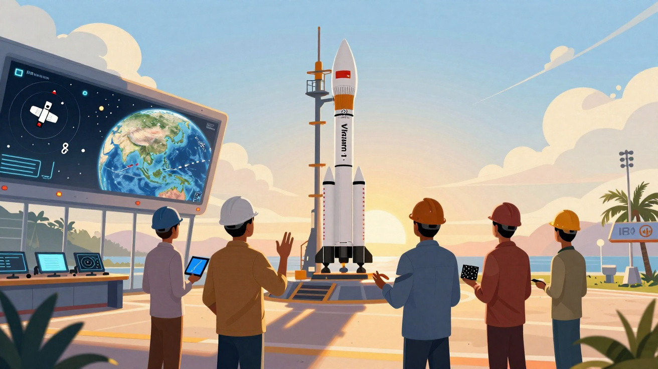 Equipa de engenheiros observa foguetão no lançamento durante o pôr do sol numa base espacial moderna.