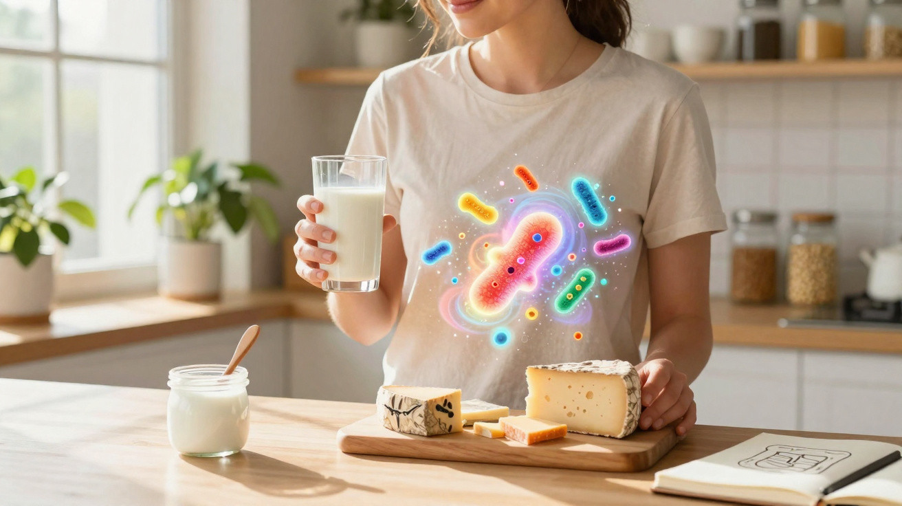 Mulher segura copo de leite na cozinha, com queijos e iogurte na bancada e ilustração de probióticos no peito.
