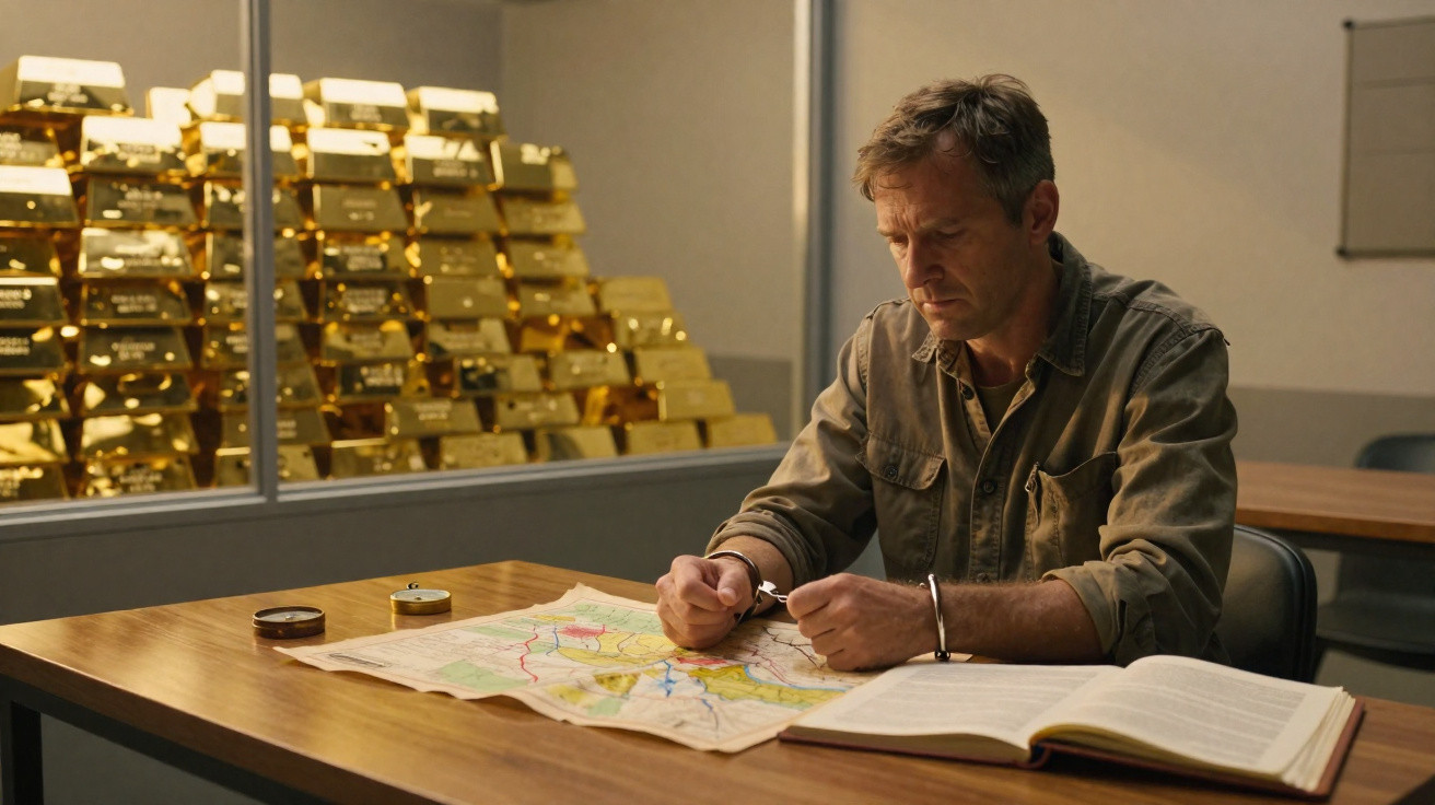 Homem algemado sentado à mesa a analisar um mapa, com barras de ouro empilhadas ao fundo.