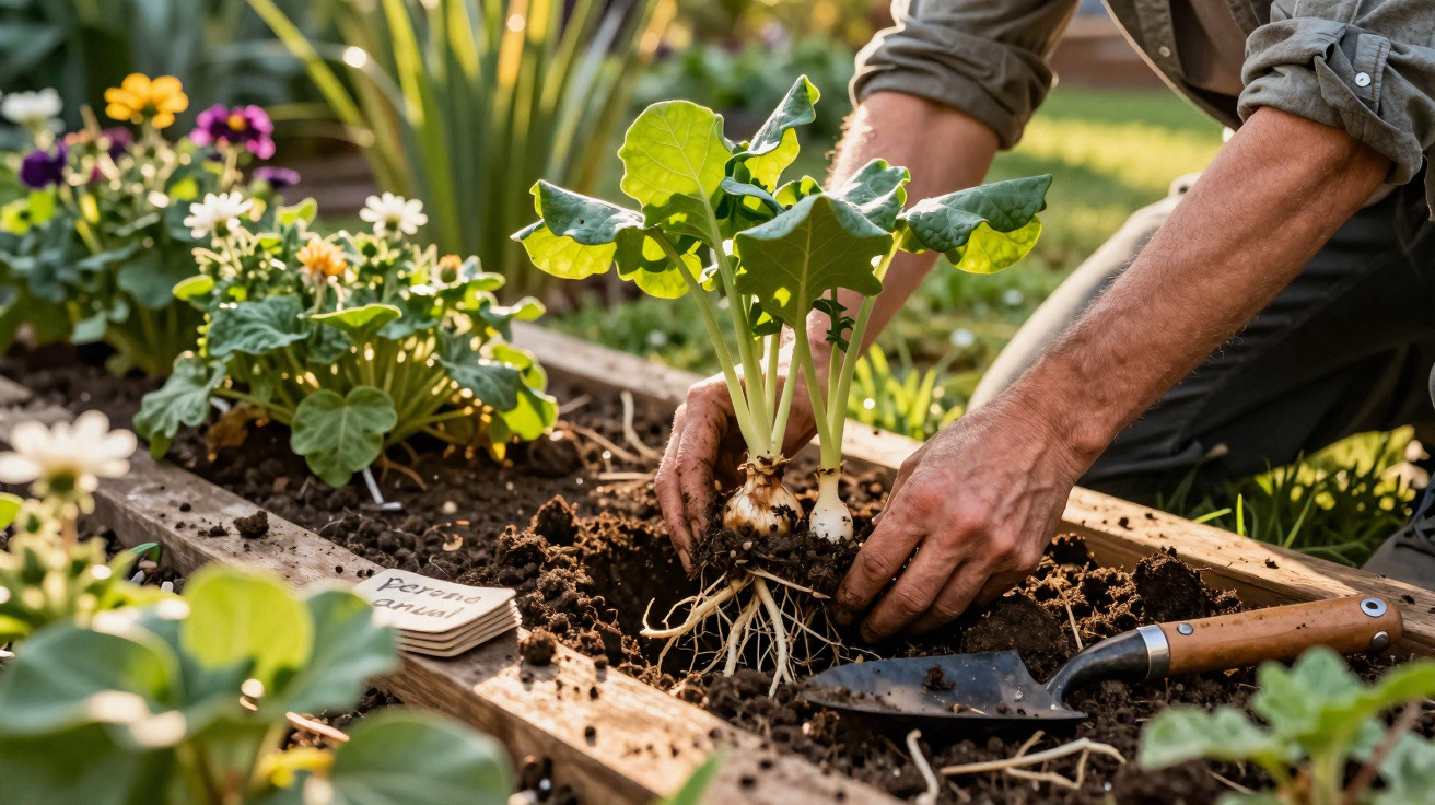 Mãos a plantar alhos-porro em canteiro com flores ao redor num jardim ensolarado.