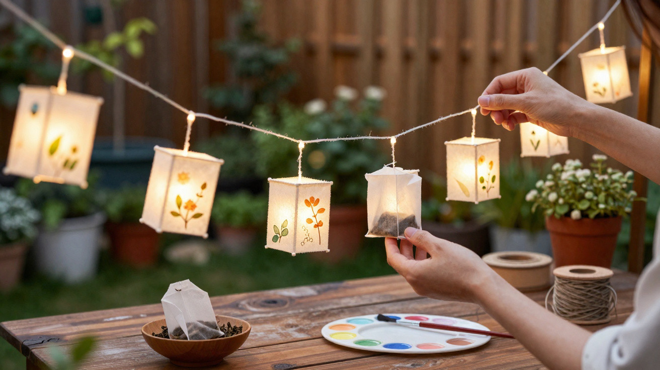 Mãos penduram lanternas feitas de saquinhos de chá iluminados, com pinturas florais, num ambiente exterior com plantas.