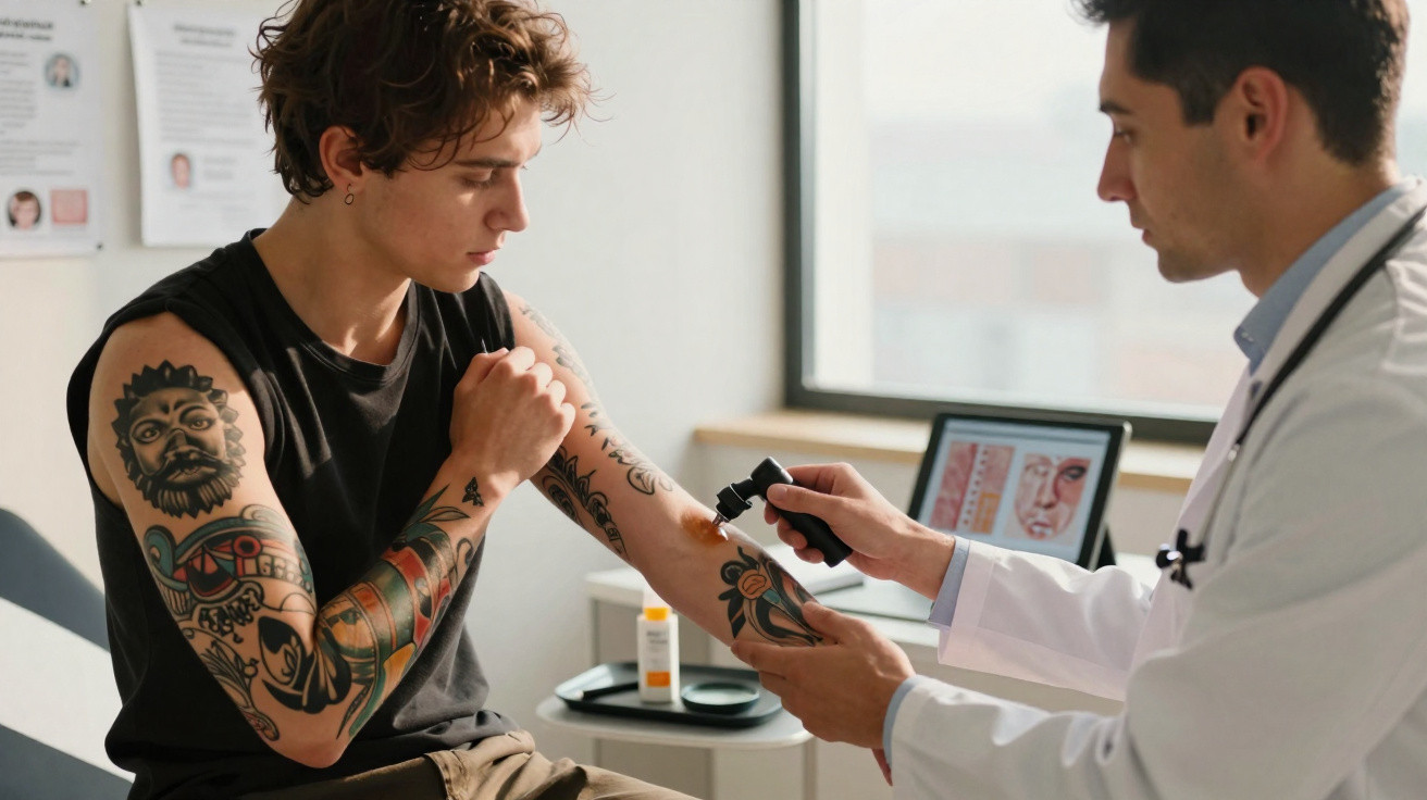 Médico examina tatuagens no braço de jovem durante consulta num consultório iluminado por luz natural.