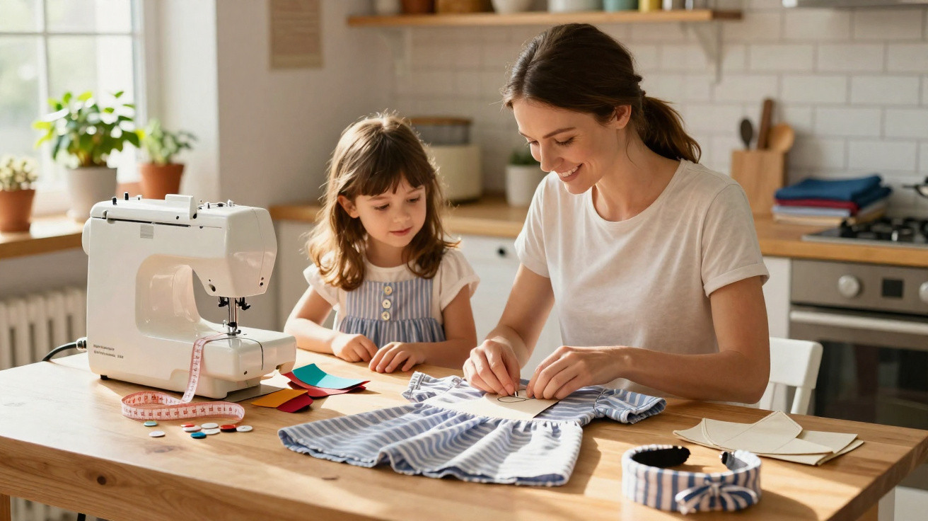 Mulher e menina a costurar roupa infantil numa cozinha luminosa com máquina de costura e materiais.