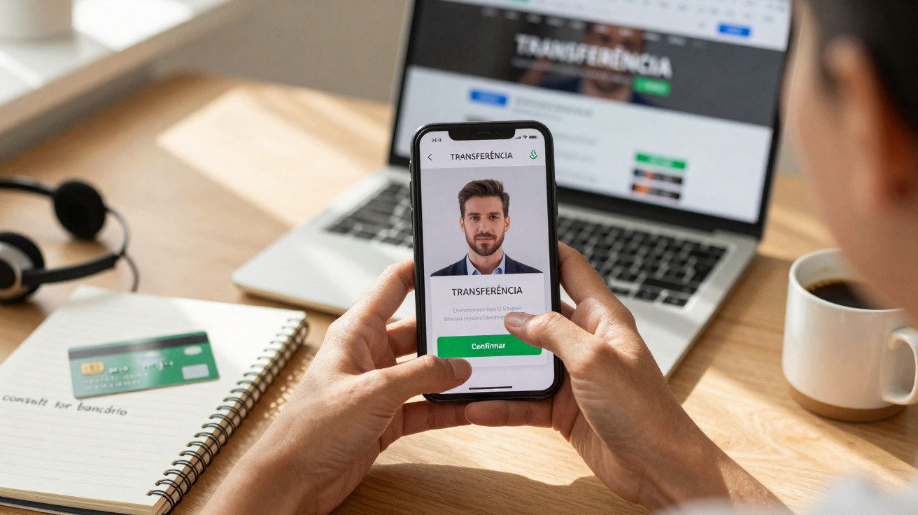 Pessoa a fazer transferência bancária num smartphone, com computador, caderno e cartão numa mesa à frente.