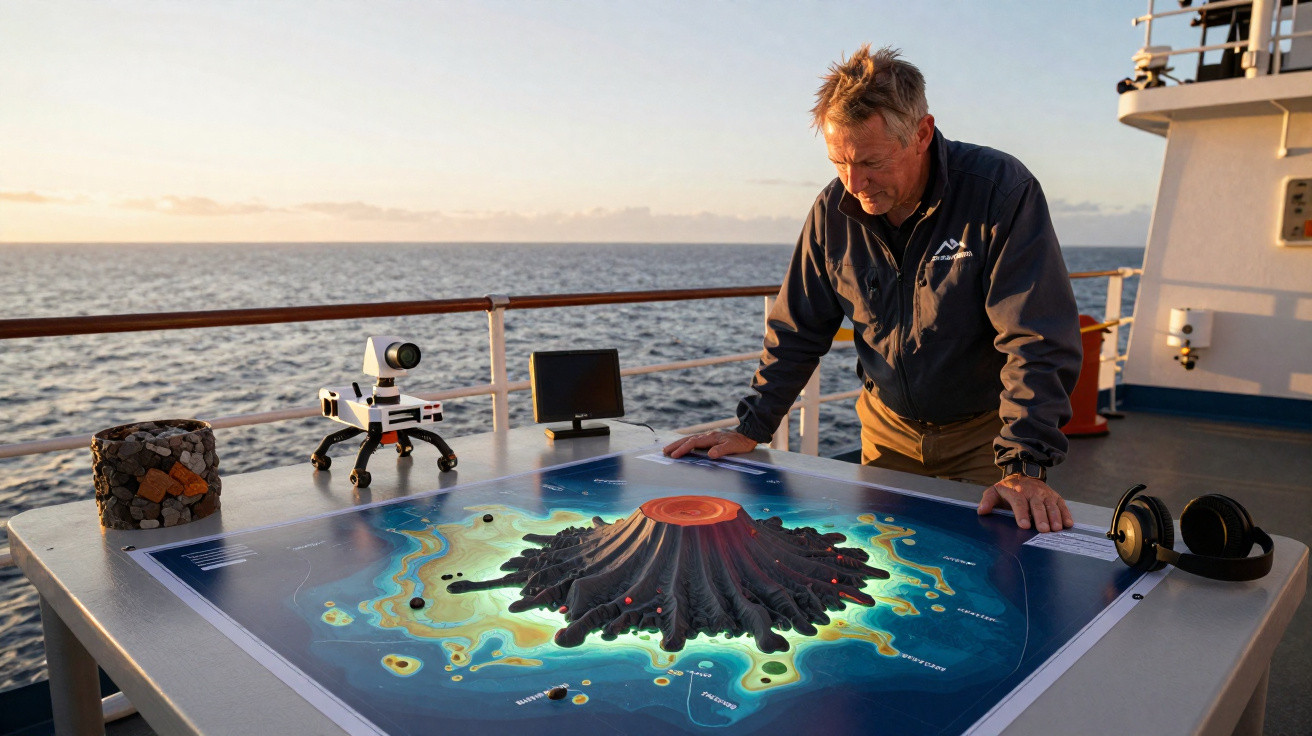 Homem observa modelo digital de vulcão numa mesa interativa a bordo de um barco no mar ao pôr do sol.