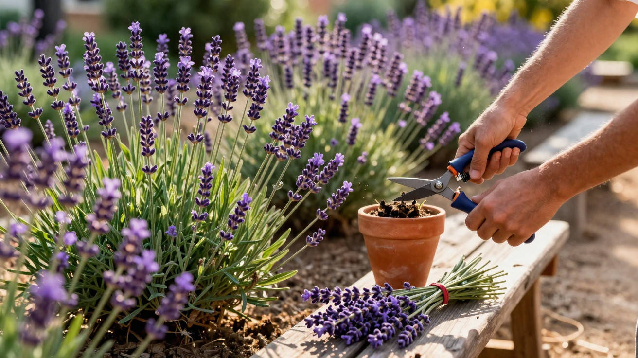 Mãos a cortar flores de lavanda com tesoura, com plantas de lavanda num canteiro ao fundo.