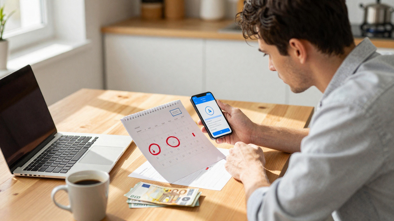 Homem a analisar calendário e smartphone enquanto está à secretária com portátil, café e dinheiro na mesa.