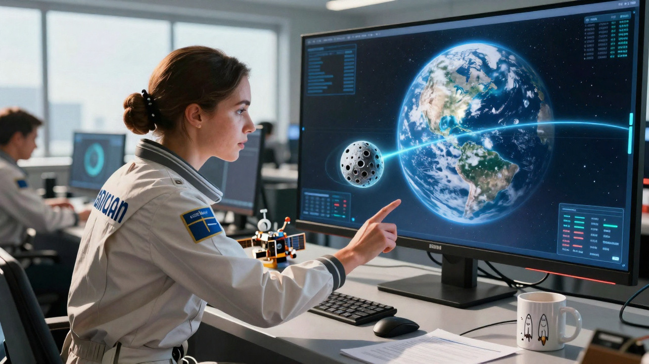 Mulher cientista espacial interage com ecrã digital mostrando Terra e satélite em escritório moderno.