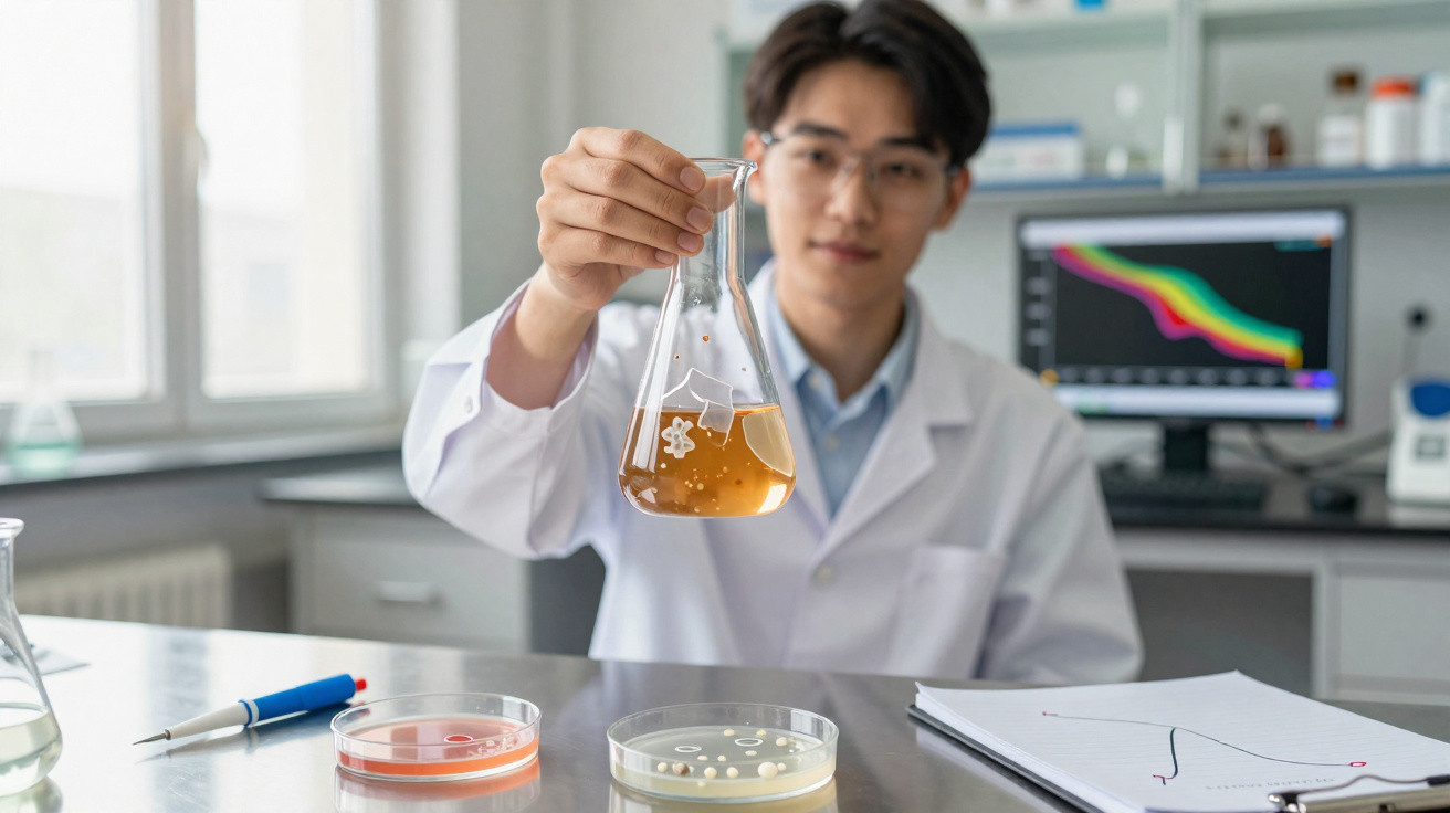 Cientista em laboratório segurando um frasco com líquido alaranjado, com placas de petri e computador ao fundo.