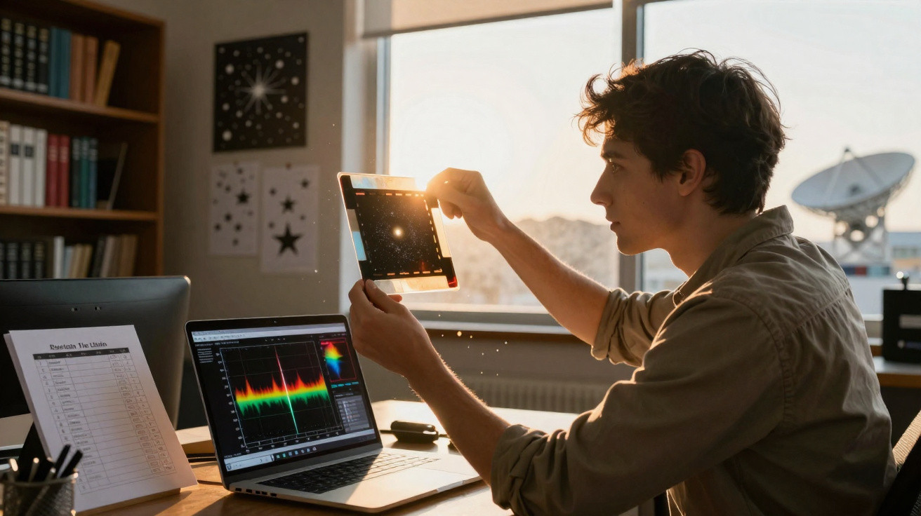 Jovem observa cuidadosamente uma fotografia astronómica contra a luz, sentado numa mesa com portátil e gráficos.