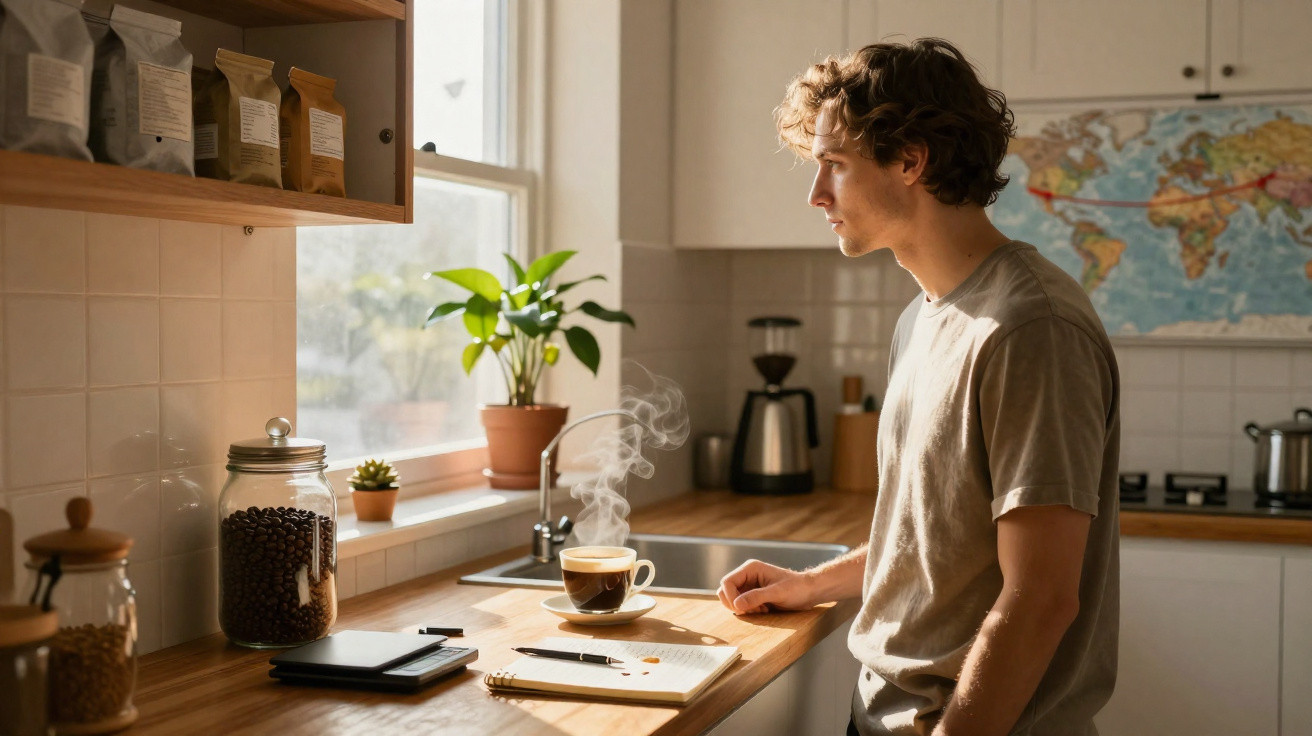 Homem na cozinha a olhar pela janela, com chávena de café fumegante e caderno sobre a bancada.