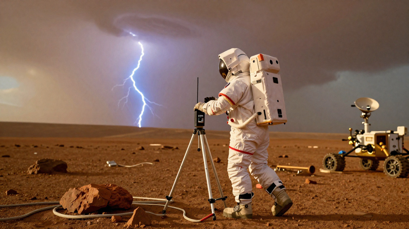 Astronauta em fato espacial em superfície marciana observa relâmpago enquanto usa equipamento tecnológico.