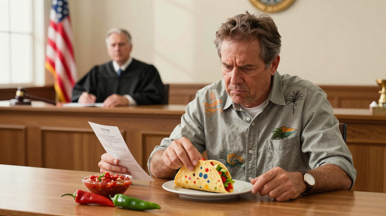 Homem sentado em tribunal segurando papel e olhando para taco numa mesa com pimentos e molho.