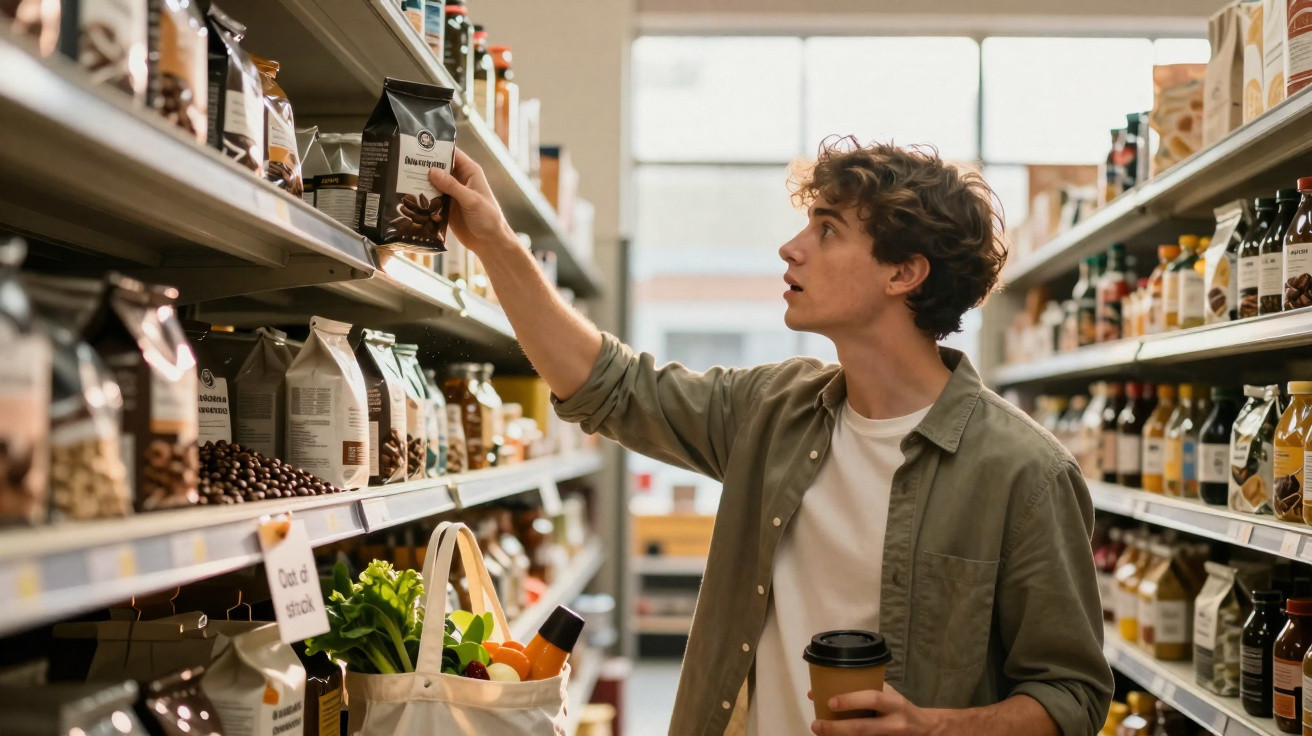 Jovem a escolher produto numa prateleira de supermercado, segurando café para viagem e saco com compras.