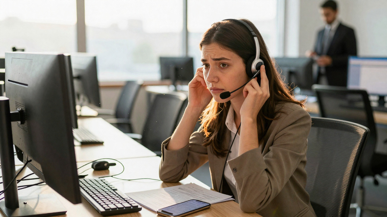 Mulher com headset ajusta telefone enquanto trabalha concentrada num escritório moderno.
