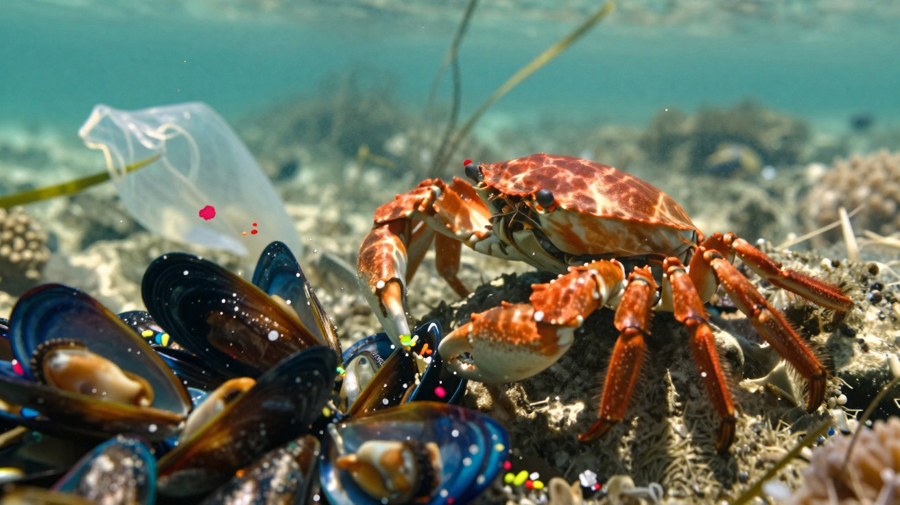 Caranguejo vermelho junto a mexilhões no fundo do mar com um saco plástico visível.