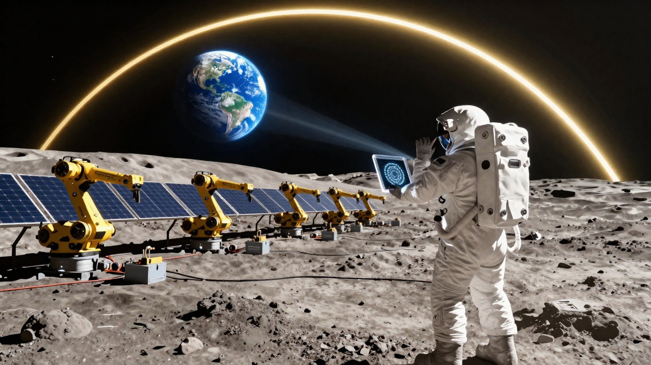 Astronauta na superfície lunar perto de painéis solares e braços robóticos, com a Terra visível ao fundo.
