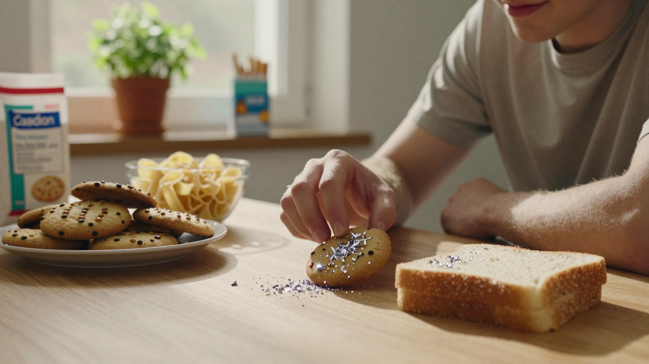 Pessoa a decorar bolacha com pequenas estrelas prateadas, ao lado de uma fatia de pão e uma chávena de chá.